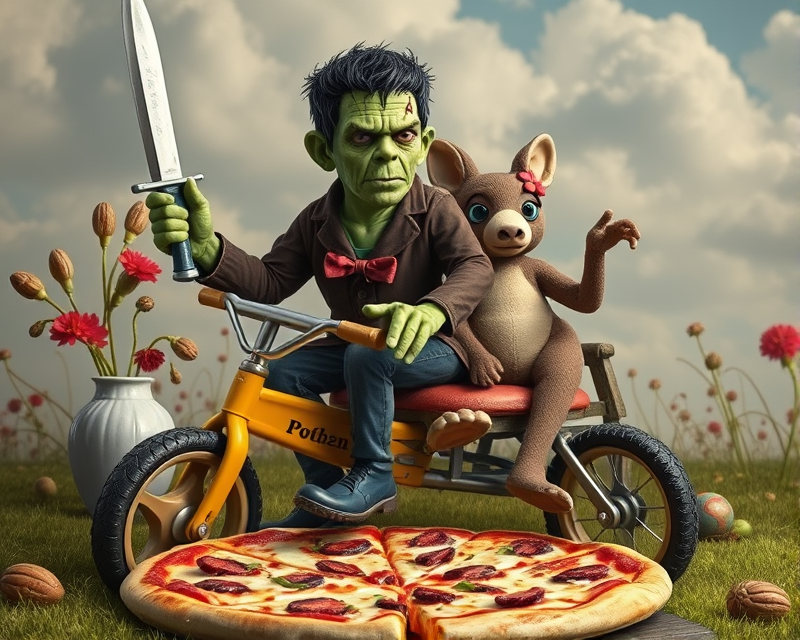 pizza, costume, sword, frankenstein, tricycle, teddy bear, kangaroo, zombie, lawn mower, toad, batman, vase, pecan, cloud, octopus, celery